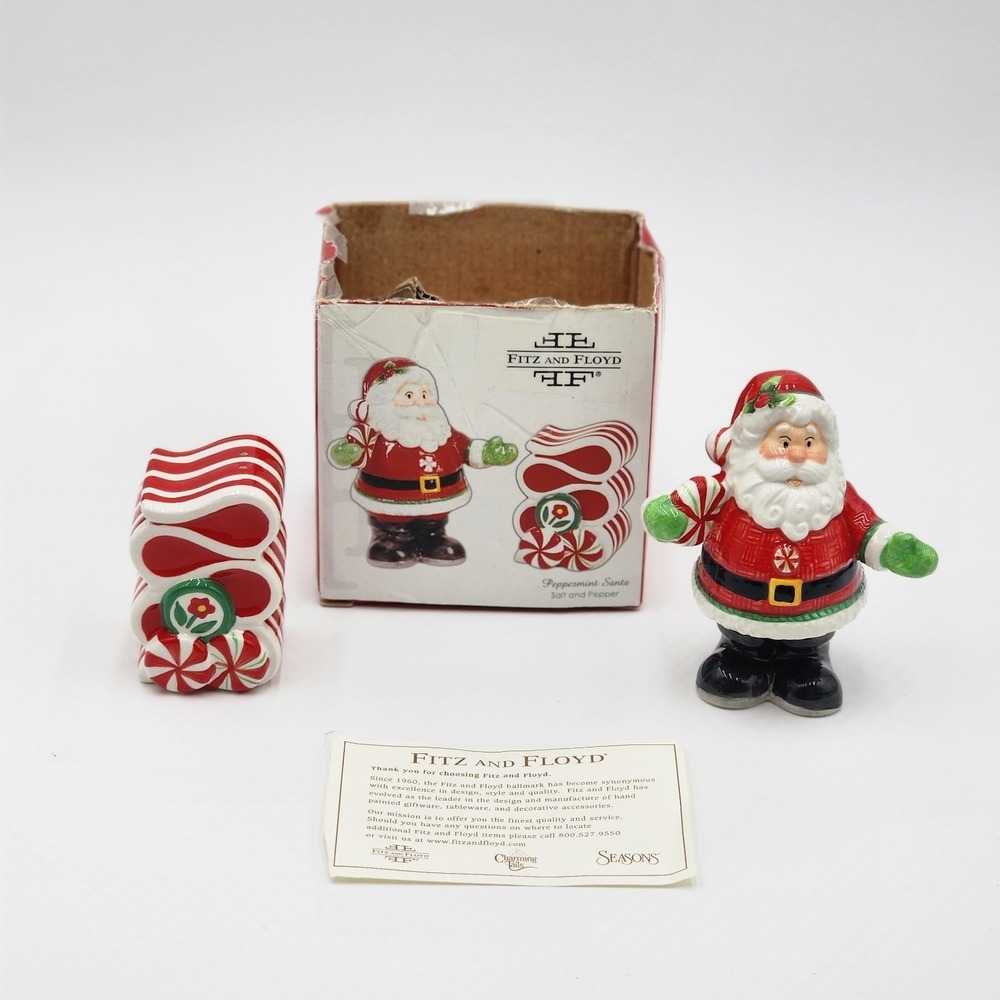 Fitz & Floyd Peppermint Santa Holiday Salt Pepper Shakers 2008 Christmas Decor